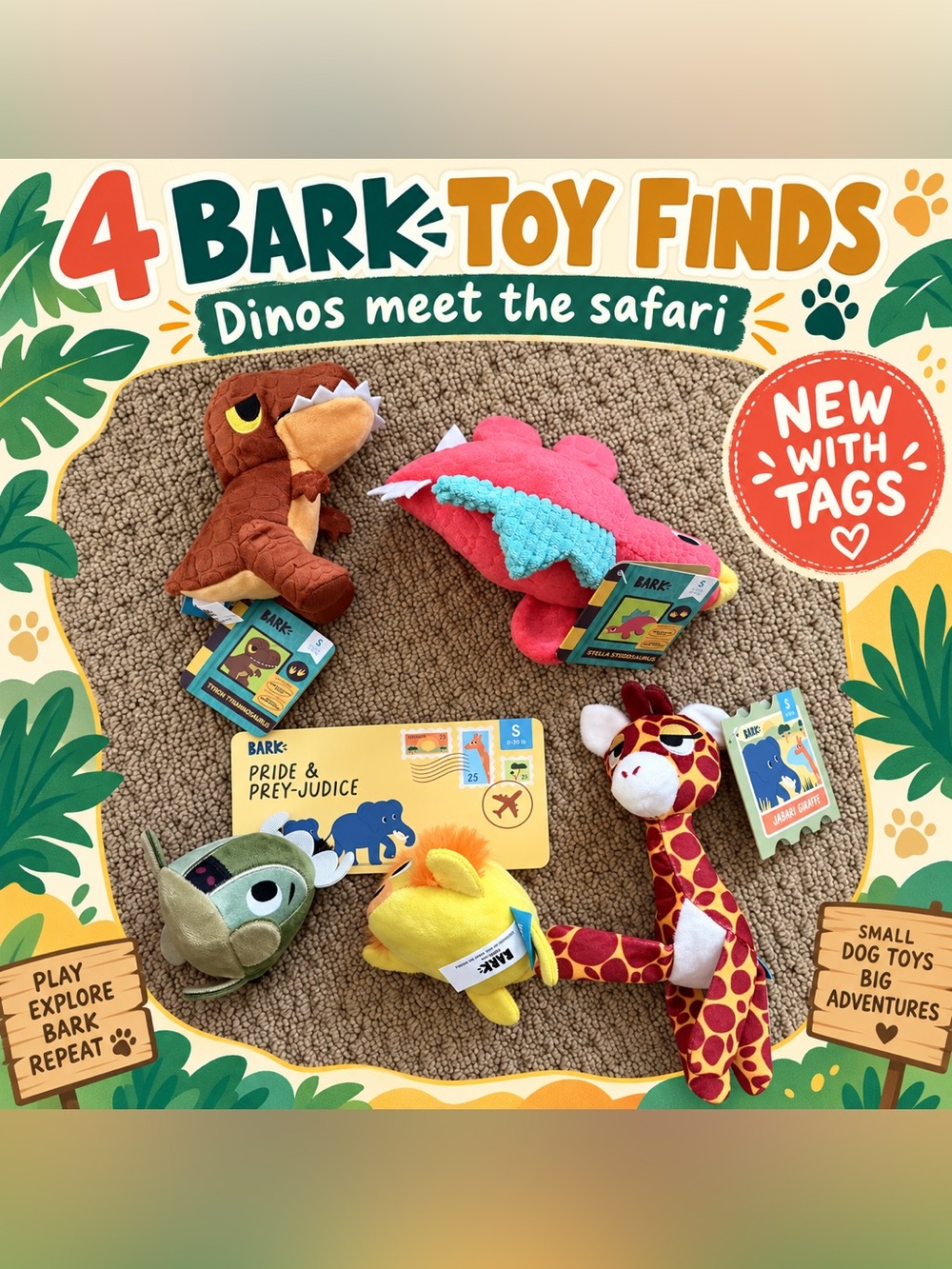 BARK Plush Safari & Dino Toy Set - Brown, Pink, Yellow, Green, Red, Cream